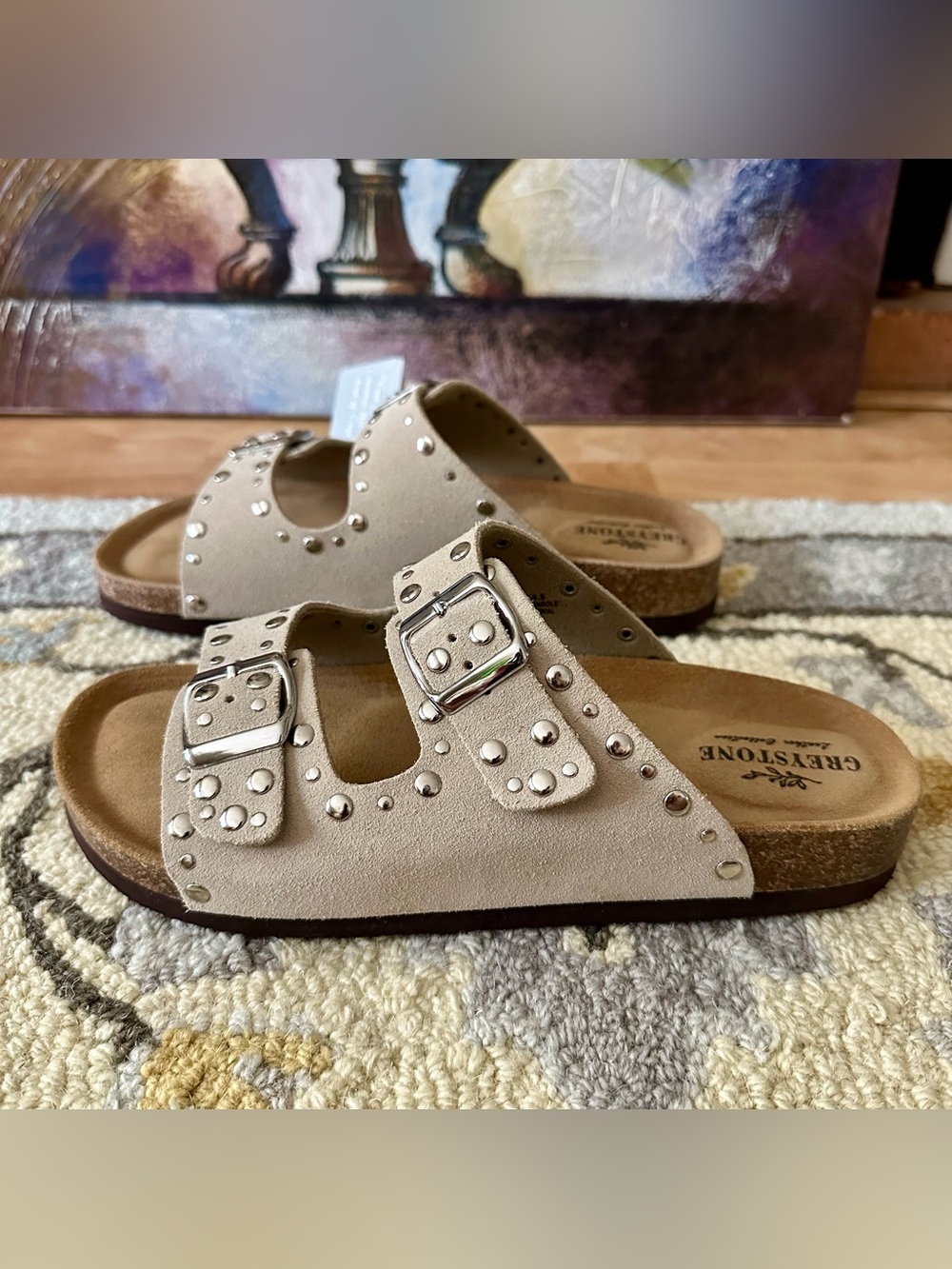 greystone taupe suede leather studded slides / size 8.5